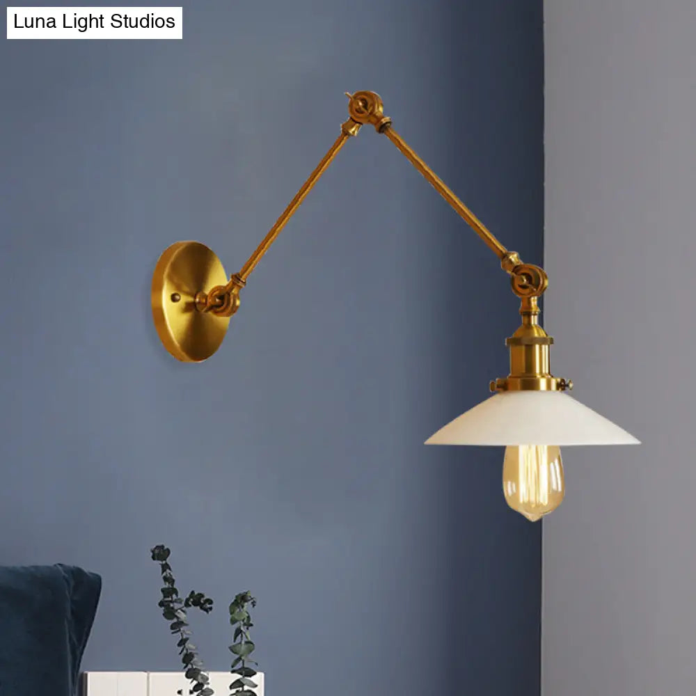 Vintage-Style Brass Wall Hanging Light With Cone Frosted Glass