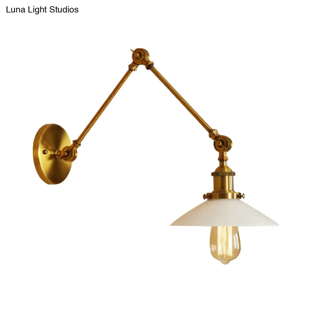 Vintage-Style Brass Wall Hanging Light With Cone Frosted Glass