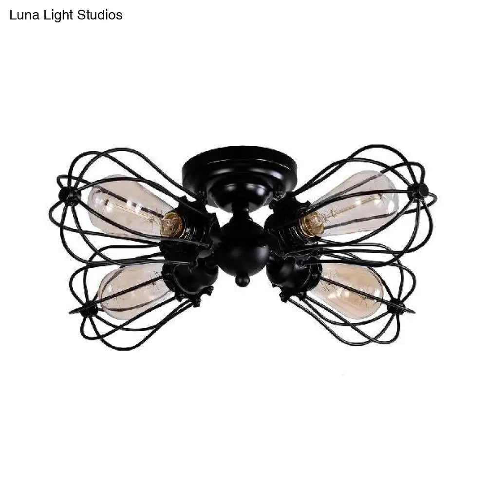 Vintage Style Bulb Shaped Iron Ceiling Light With Wire Guard | Semi Flush Mount 3/4/5 Lights