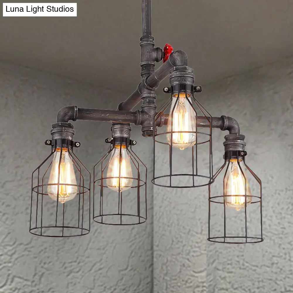 Vintage Caged Chandelier Pendant Light - Water Pipe 4-Light Wrought Iron Ceiling Fixture In Rustic