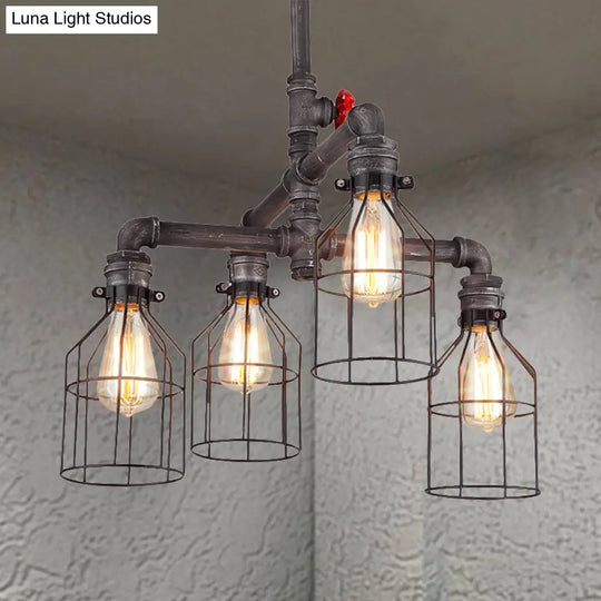 Vintage-Style Caged Chandelier With Water Pipe Design - 4-Light Wrought Iron Ceiling Pendant In