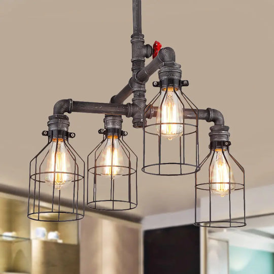 Vintage-Style Caged Chandelier With Water Pipe Design - 4-Light Wrought Iron Ceiling Pendant In