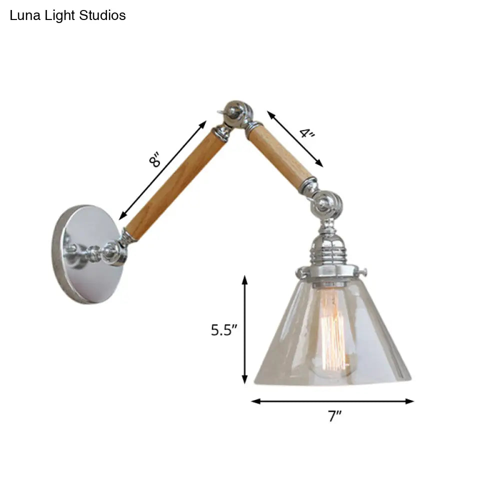 Vintage Style Clear Glass Cone Bedside Sconce Light Fixture With Chrome Wall Mount - Wooden Arm