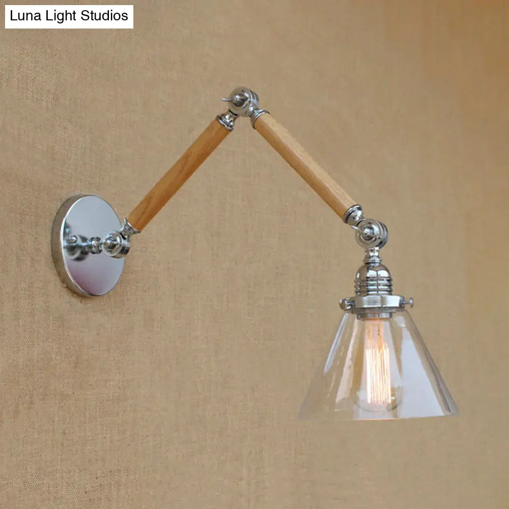 Vintage Style Clear Glass Cone Bedside Sconce Light Fixture With Chrome Wall Mount - Wooden Arm