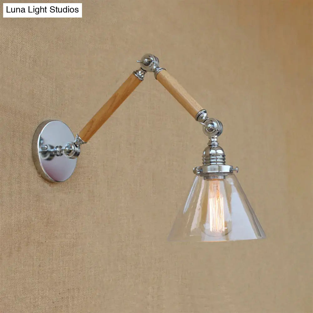 Vintage Style Clear Glass Cone Bedside Sconce Light Fixture With Chrome Wall Mount - Wooden Arm