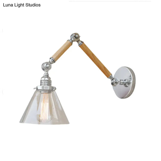 Vintage Style Clear Glass Cone Bedside Sconce Light Fixture With Chrome Wall Mount - Wooden Arm