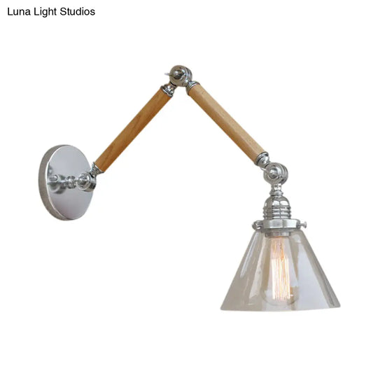 Vintage Style Clear Glass Cone Bedside Sconce Light Fixture With Chrome Wall Mount - Wooden Arm