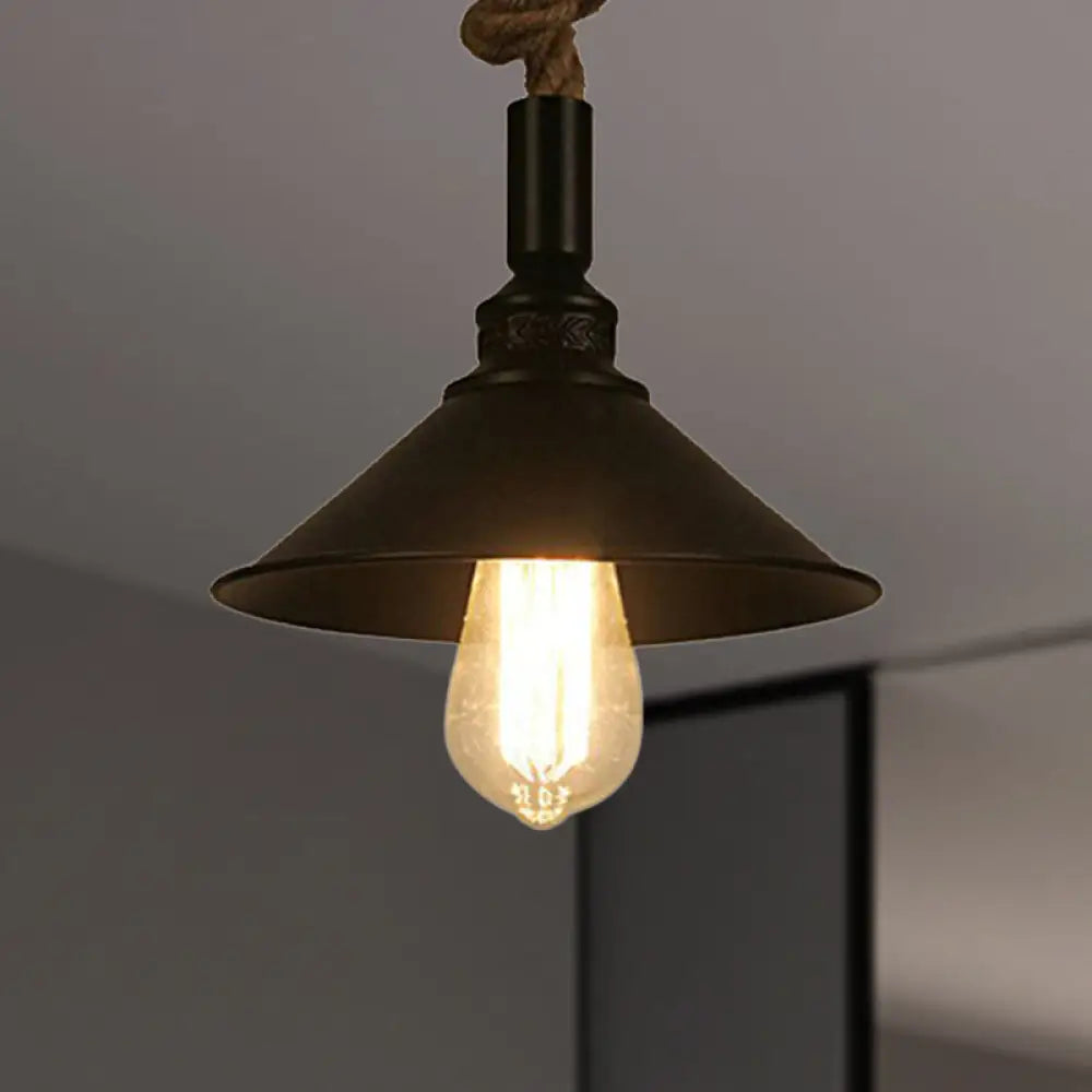 Vintage Style Conical Bar Pendant Light Fixture: Metal Suspension Lamp With Adjustable Black Rope
