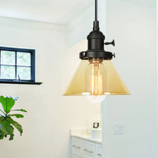 Vintage Style Conical Hanging Pendant Light With Amber/Clear Glass And Metal Head In