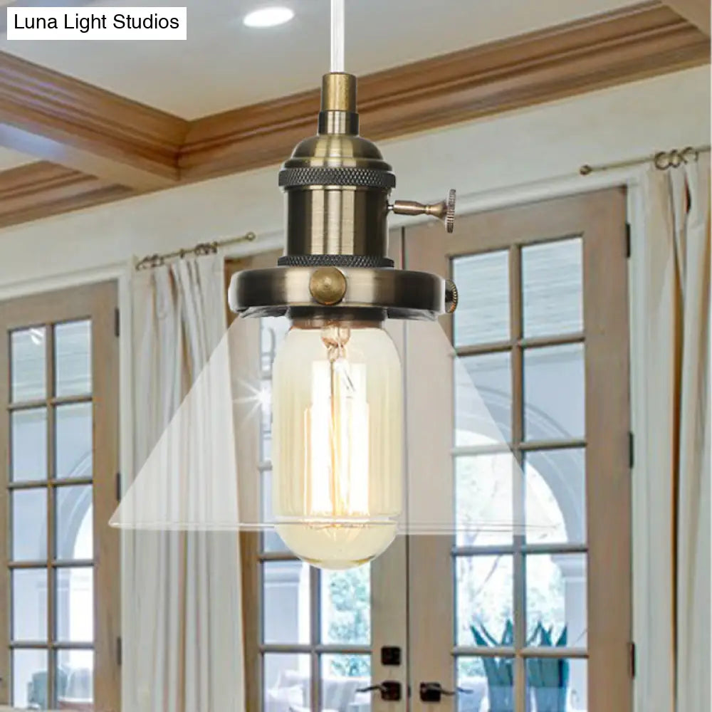 Vintage Style Conical Hanging Pendant Light Fixture - Amber/Clear Glass And Metal 1 Head Kitchen