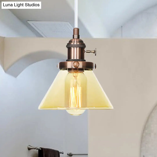 Vintage Style Conical Hanging Pendant Light Fixture - Amber/Clear Glass And Metal 1 Head Kitchen