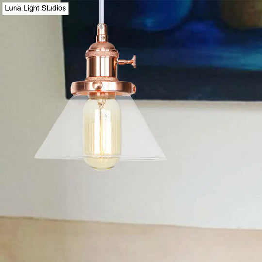 Vintage Style Conical Hanging Pendant Light Fixture - Amber/Clear Glass And Metal 1 Head Kitchen