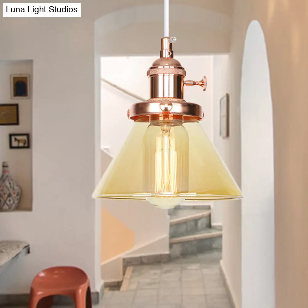 Vintage Style Conical Hanging Pendant Light Fixture - Amber/Clear Glass And Metal 1 Head Kitchen