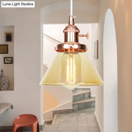 Vintage Style Conical Hanging Pendant Light Fixture - Amber/Clear Glass And Metal 1 Head Kitchen