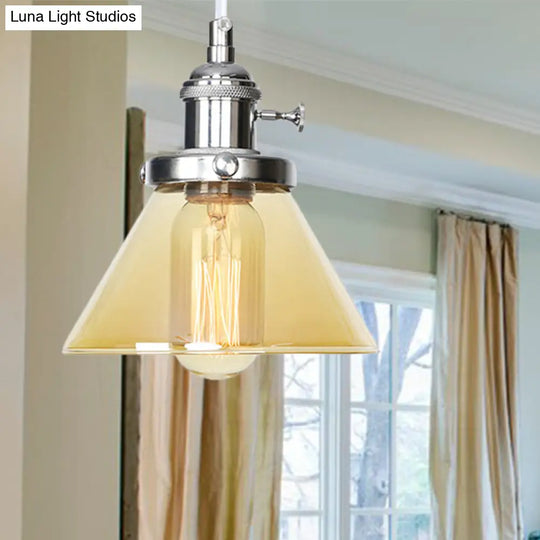 Vintage Style Conical Hanging Pendant Light Fixture - Amber/Clear Glass And Metal 1 Head Kitchen