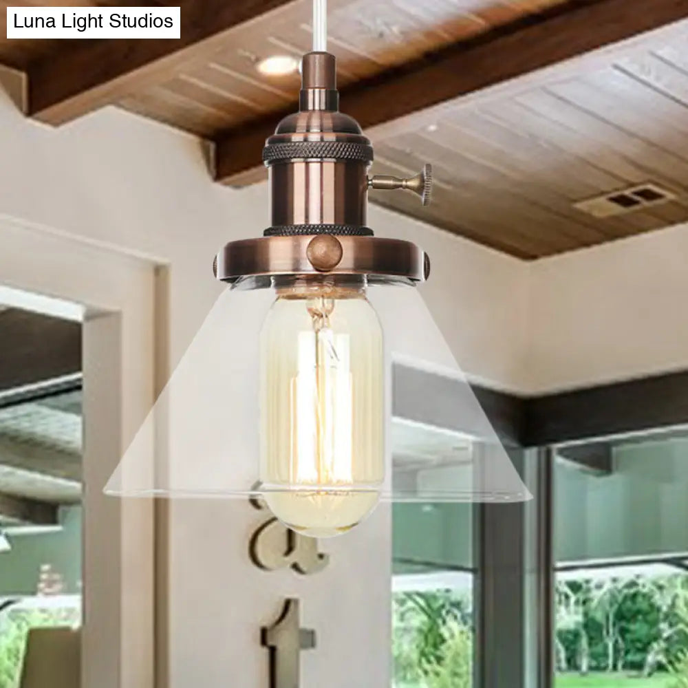 Vintage Style Conical Hanging Pendant Light Fixture - Amber/Clear Glass And Metal 1 Head Kitchen