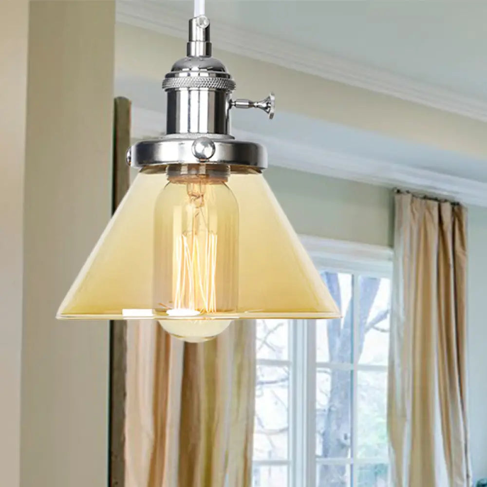 Vintage Style Conical Hanging Pendant Light With Amber/Clear Glass And Metal Head In