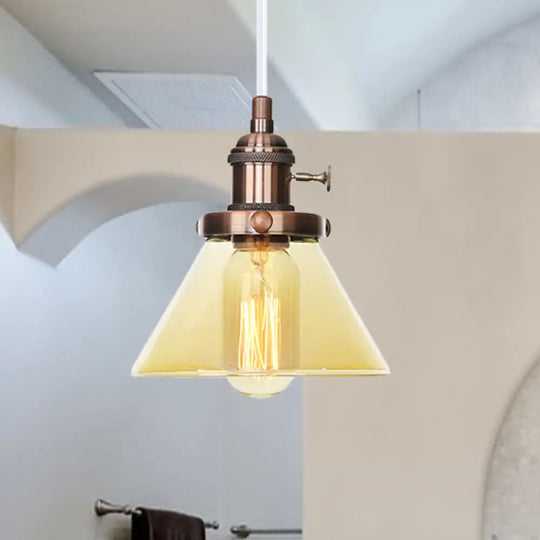 Vintage Style Conical Hanging Pendant Light With Amber/Clear Glass And Metal Head In