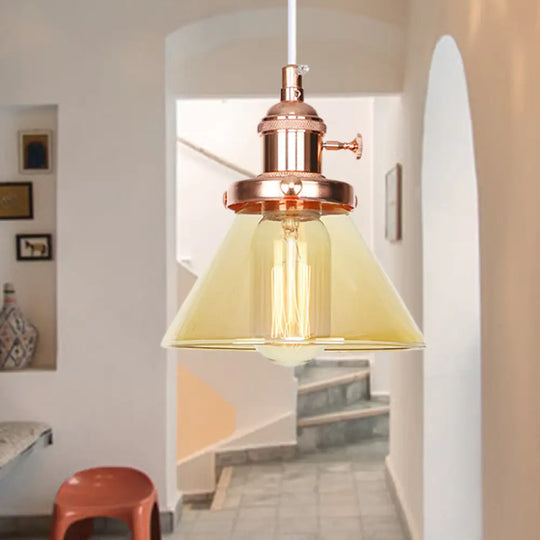 Vintage Style Conical Hanging Pendant Light With Amber/Clear Glass And Metal Head In