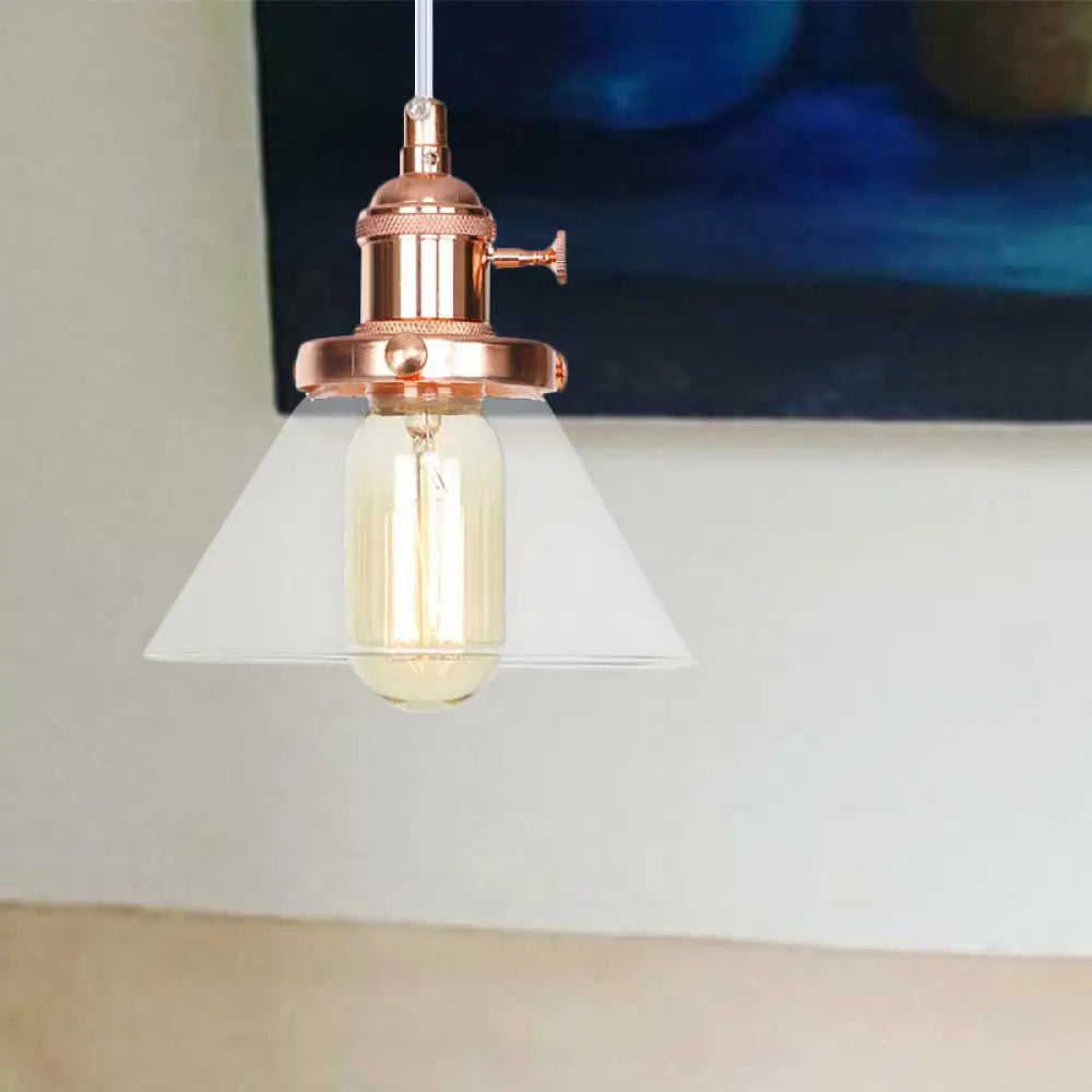 Vintage Style Conical Hanging Pendant Light With Amber/Clear Glass And Metal Head In