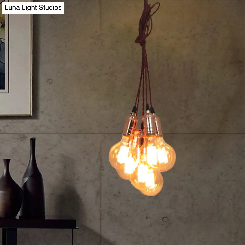 Vintage Style Copper Finish Multi Light Pendant - Metal Open Bulb Hanging Lamp With Cord