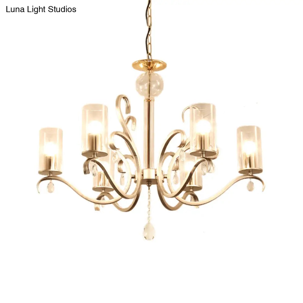 Vintage-Style Cylindrical Chandelier Light With Clear Glass - 6/8 Lights & Crystal Drop Champagne