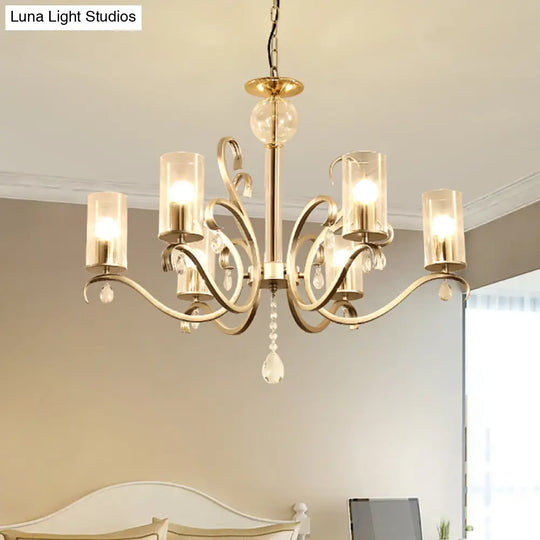 Vintage-Style Cylindrical Chandelier Light With Clear Glass - 6/8 Lights & Crystal Drop Champagne