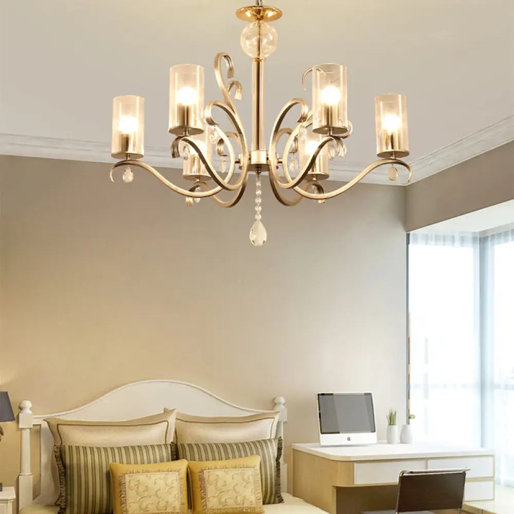 Vintage-Style Cylindrical Chandelier Light With Clear Glass - 6/8 Lights & Crystal Drop Champagne 6