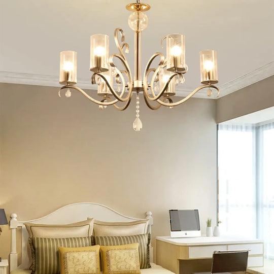 Vintage-Style Cylindrical Chandelier Light With Clear Glass - 6/8 Lights & Crystal Drop Champagne 6