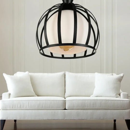 Vintage Style Domed Cage Metal Ceiling Light Fixture - 1 Head Dining Room Semi Mount Lighting In