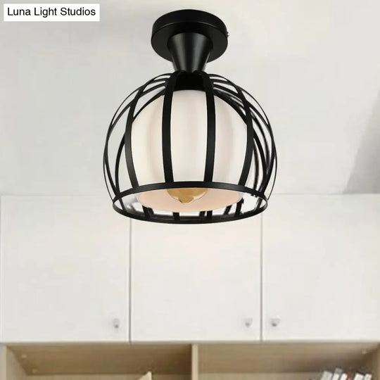 Vintage Style Domed Cage Metal Ceiling Light Fixture - 1 Head Dining Room Semi Mount Lighting In