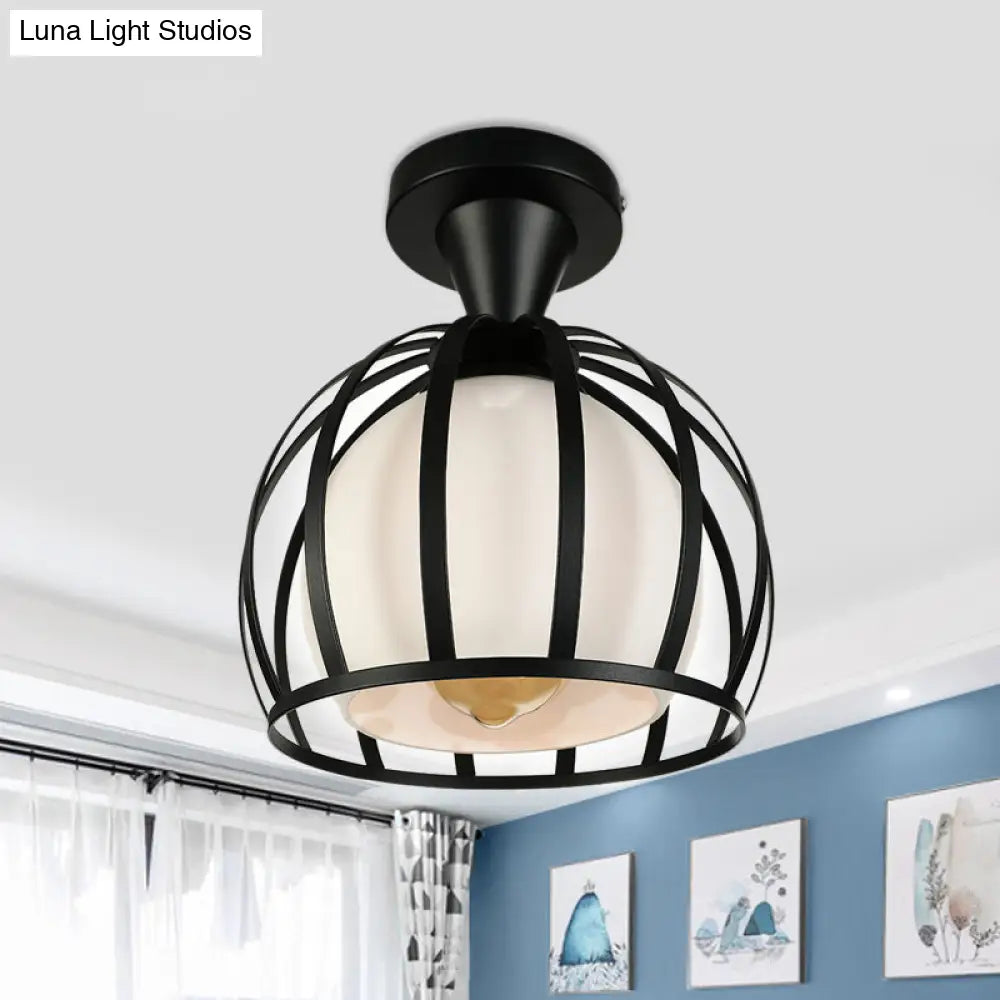 Vintage Style Domed Cage Metal Ceiling Light Fixture - 1 Head Dining Room Semi Mount Lighting In