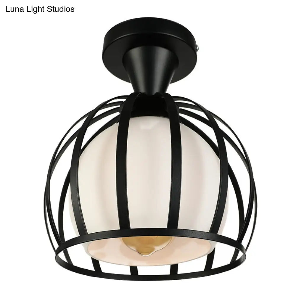 Vintage Style 1-Head Metal Ceiling Light Fixture - Domed Cage Semi Mount Black/White