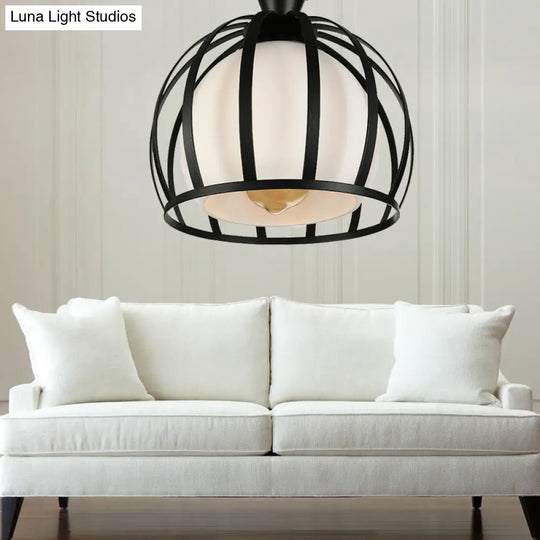 Vintage Style 1-Head Metal Ceiling Light Fixture - Domed Cage Semi Mount Black/White Black