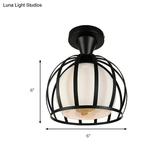 Vintage Style Domed Cage Metal Ceiling Light Fixture - 1 Head Dining Room Semi Mount Lighting In