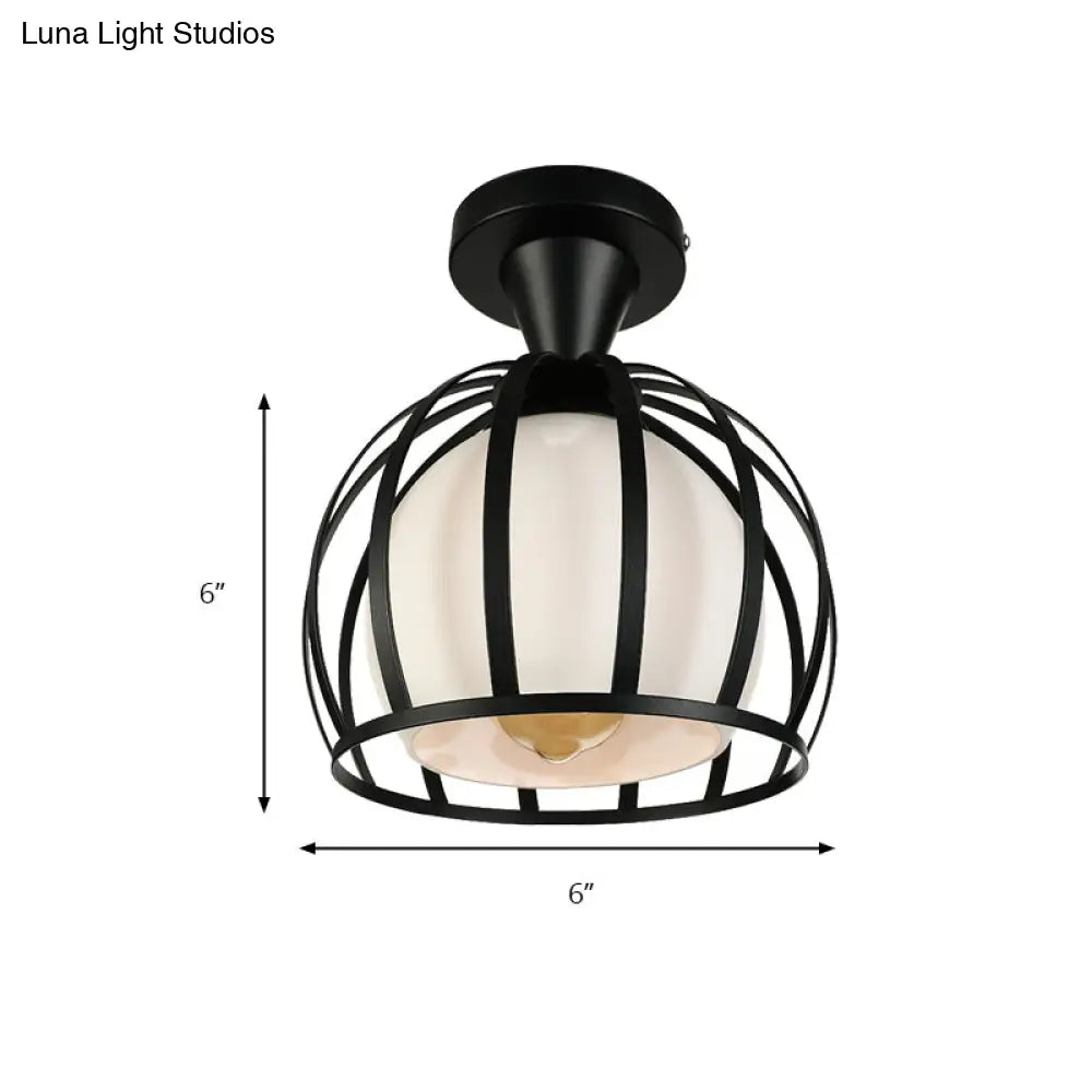 Vintage Style 1-Head Metal Ceiling Light Fixture - Domed Cage Semi Mount Black/White