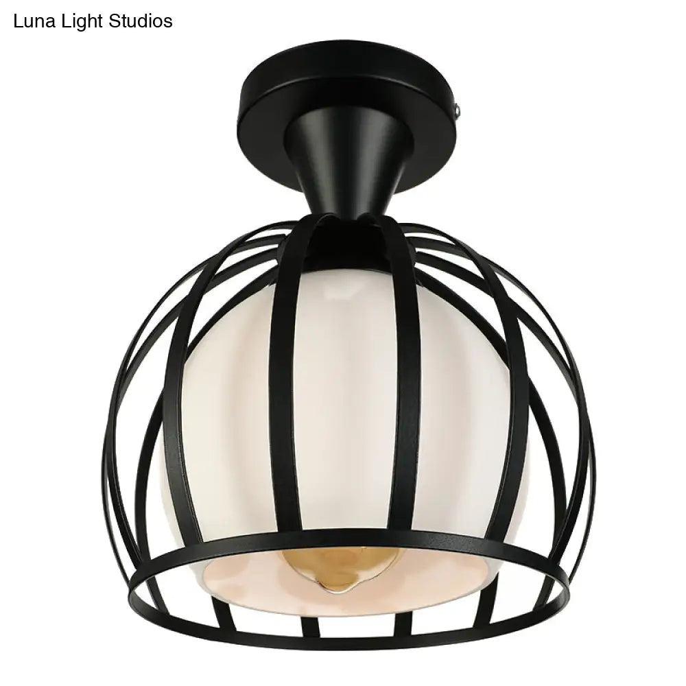 Vintage Style Domed Cage Metal Ceiling Light Fixture - 1 Head Dining Room Semi Mount Lighting In