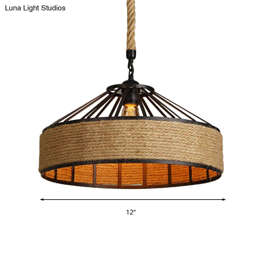 Vintage Style Drum Shade Rope Pendant Ceiling Light In Black For Coffee Shops