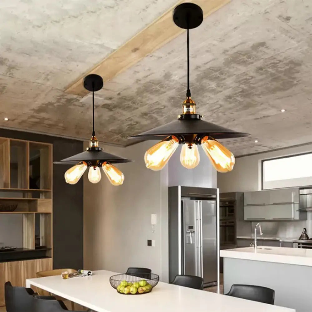 Vintage Style Flared Shade Pendant Lighting - Metallic 3 Heads Black/White Kitchen Hanging Lamp