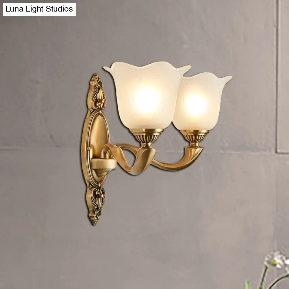 Vintage-Style Flower Opal Glass Wall Lamp With Golden Metal Arm - 1/2-Light Bedroom Mounted Lighting