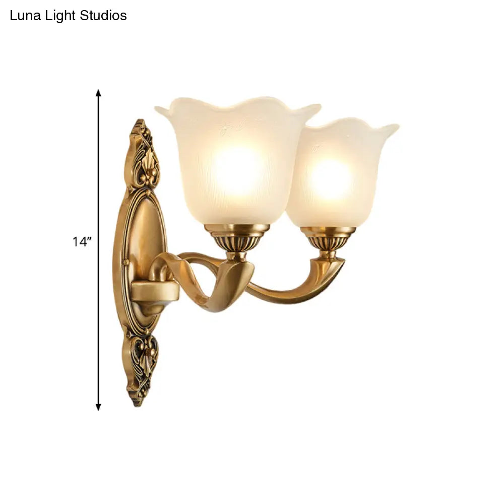 Vintage-Style Flower Opal Glass Wall Lamp With Golden Metal Arm - 1/2-Light Bedroom Mounted Lighting