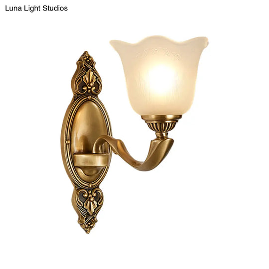 Vintage-Style Flower Opal Glass Wall Lamp With Golden Metal Arm - 1/2-Light Bedroom Mounted Lighting