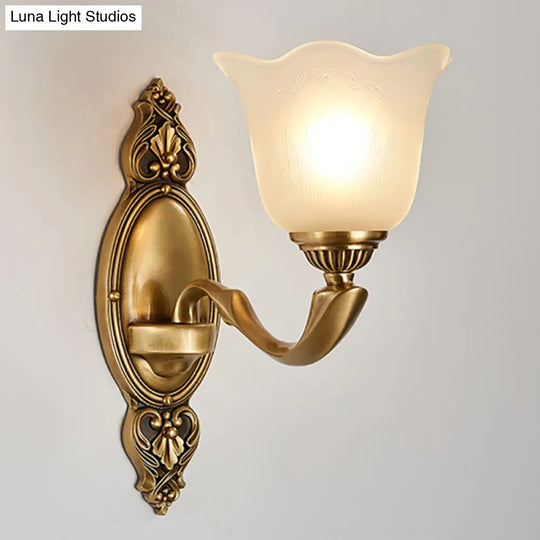 Vintage-Style Flower Opal Glass Wall Lamp With Golden Metal Arm - 1/2-Light Bedroom Mounted Lighting