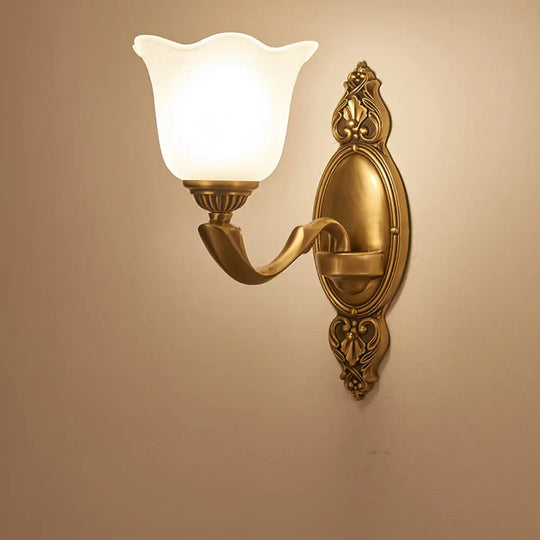 Vintage-Style Flower Opal Glass Wall Lamp With Golden Metal Arm - 1/2-Light Bedroom Mounted Lighting