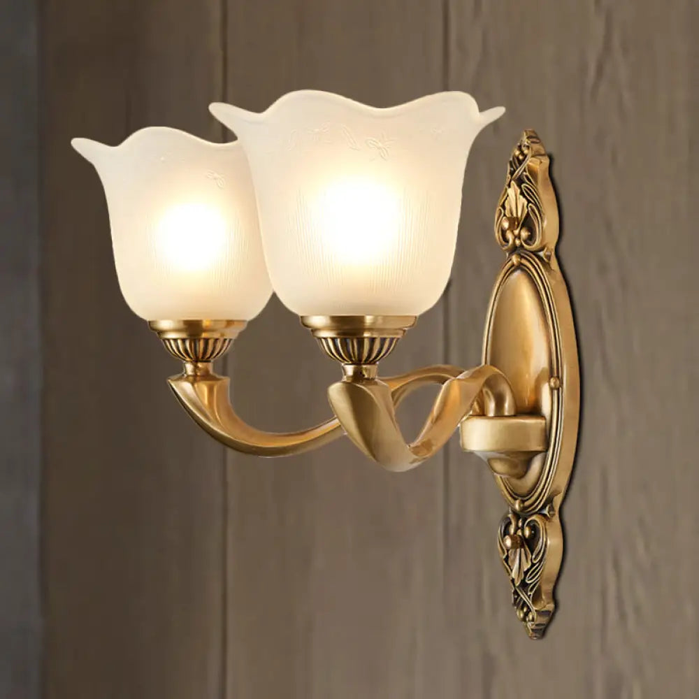 Vintage-Style Flower Opal Glass Wall Lamp With Golden Metal Arm - 1/2-Light Bedroom Mounted Lighting