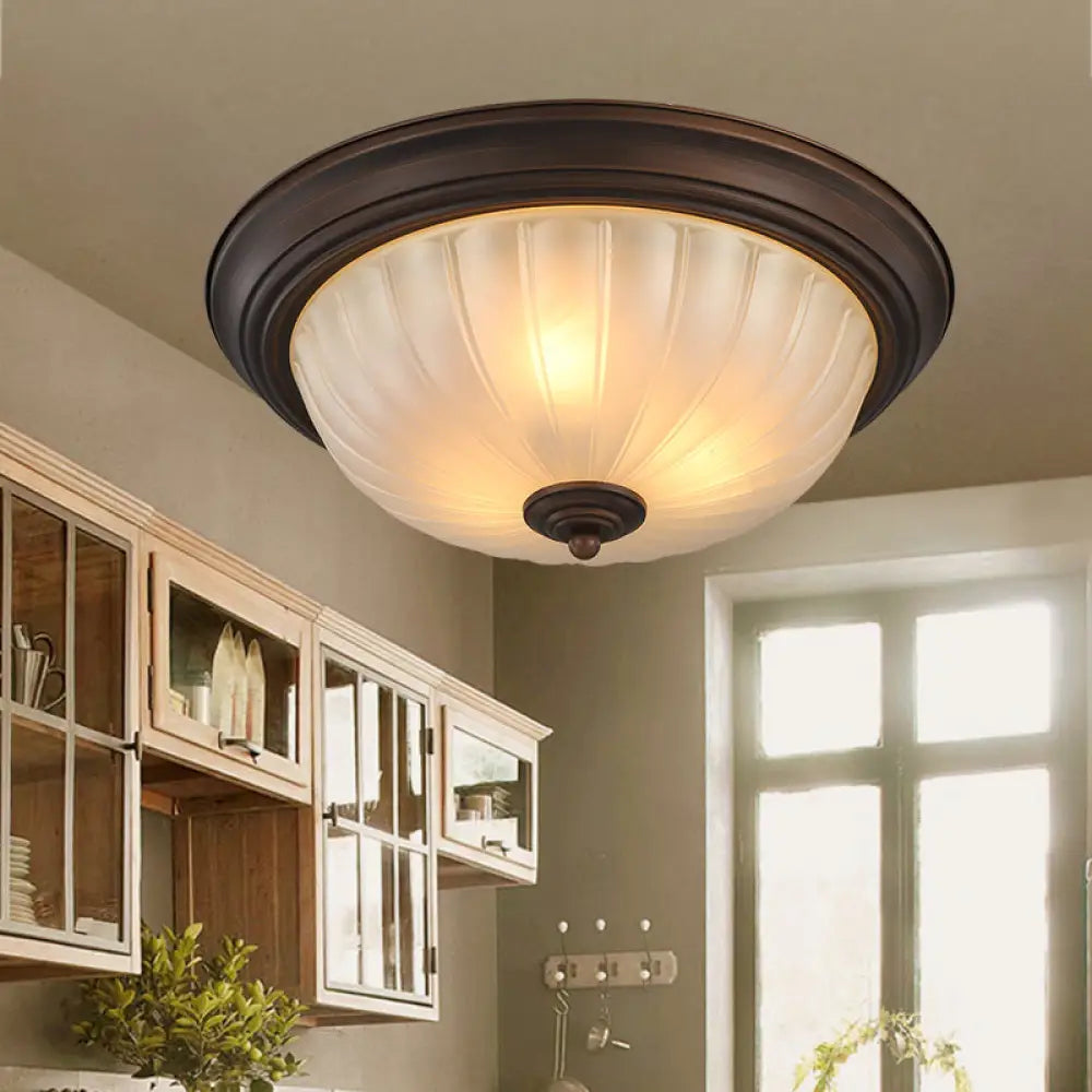 Vintage Style Frosted Glass Flush Mount Bowl Light Fixture For Hallways With Ribbed Design And 2