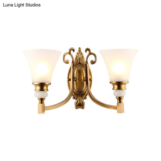 Vintage Style Frosted Glass Wall Lamp With Flared Shade And Brass Finish - 1/2-Light Bedroom