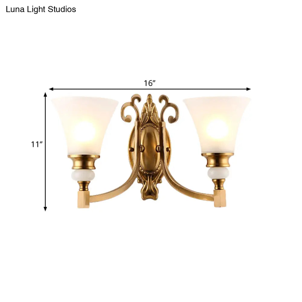 Vintage Style Frosted Glass Wall Lamp With Flared Shade And Brass Finish - 1/2-Light Bedroom