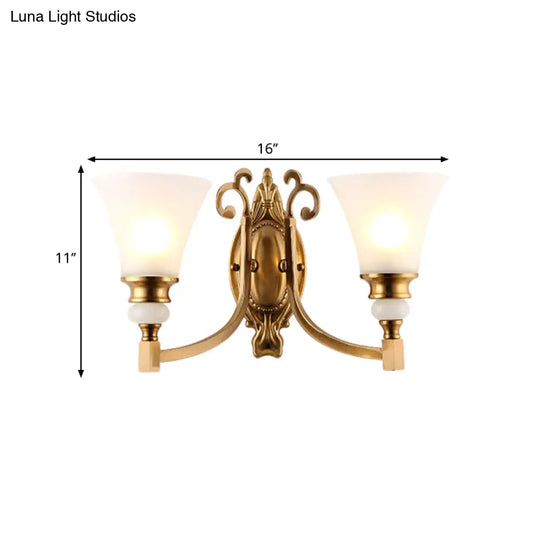 Vintage Style Frosted Glass Wall Lamp With Flared Shade And Brass Finish - 1/2-Light Bedroom