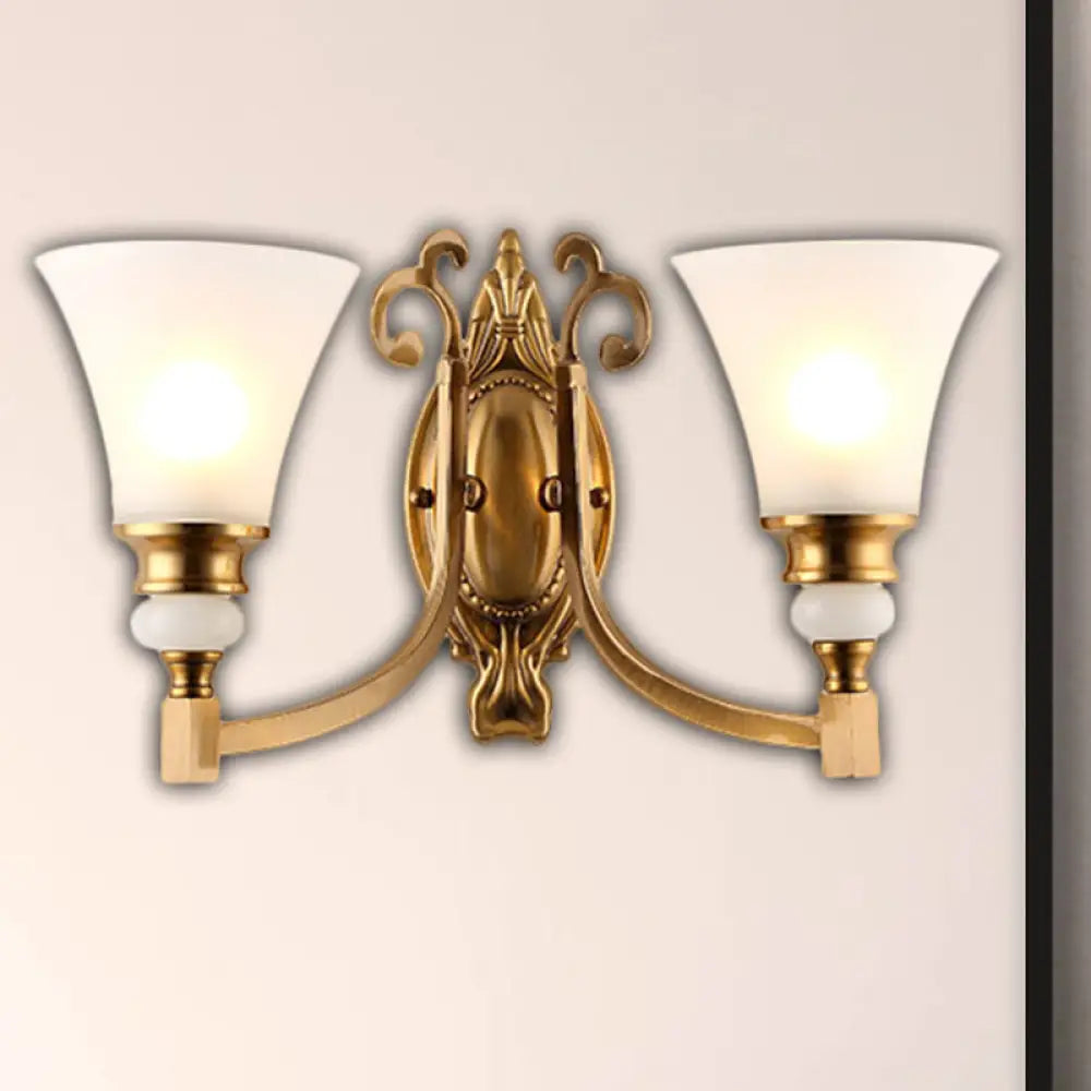 Vintage Style Frosted Glass Wall Lamp With Flared Shade And Brass Finish - 1/2-Light Bedroom